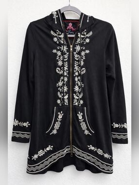 JOHNNY WAS Black Hooded Zip Cotton Cardigan with White Embroidery Size Small